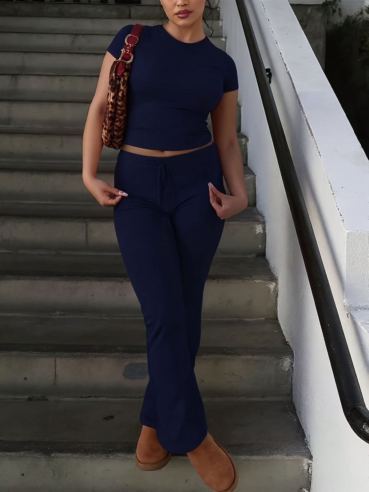 Women'S 2pcs Short Sleeve Top And Wide-Leg Pants Set, Fake Drawstring Waistband, Casual All-Season Outfit, Comfortable Home Wear, Daily Attire, Casual Style, Short Sleeve Top, Women'S Set, Women'S Clothing, Fashion Top, Autumn Women'S Wear - Navy Color