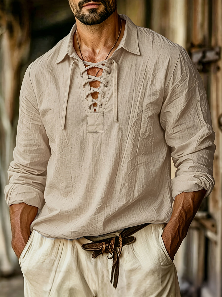 Men's Vintage Lace-Up Lapel Long-Sleeve Linen Shirt Casual Pullover Textured Shirt - Off-white