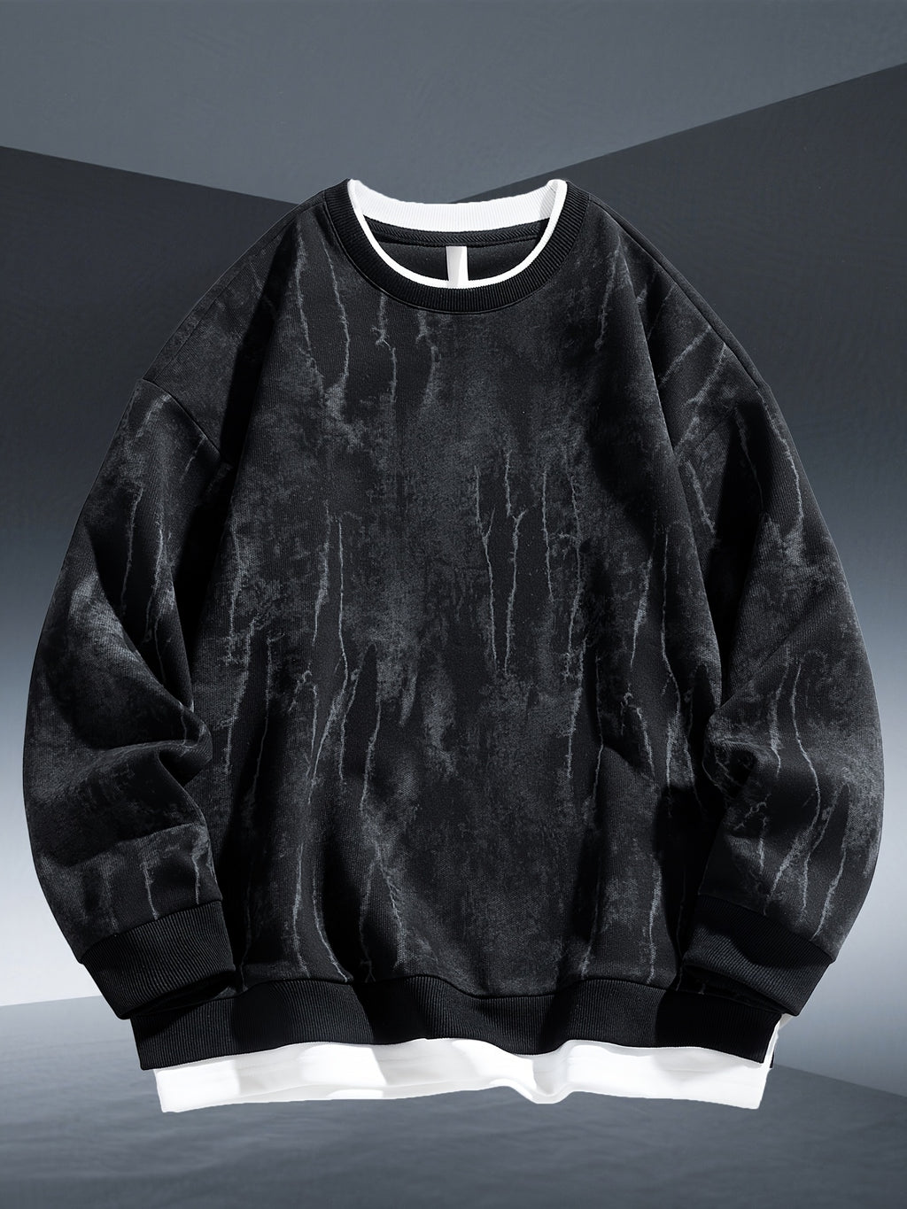Autumn And Winter New Men'S Trendy Round Neck Sweatshirt, 320 Gram Blend Tie-Dye Sweatshirt, Fashionable Fake Two-Piece Pullover - Black