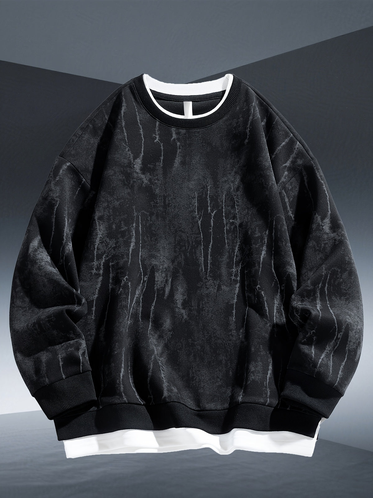 Autumn And Winter New Men'S Trendy Round Neck Sweatshirt, 320 Gram Blend Tie-Dye Sweatshirt, Fashionable Fake Two-Piece Pullover - Black