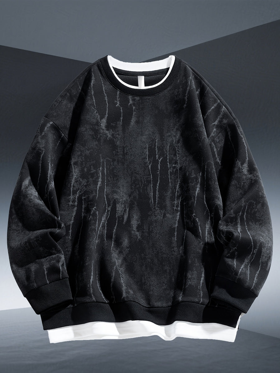 Autumn And Winter New Men'S Trendy Round Neck Sweatshirt, 320 Gram Blend Tie-Dye Sweatshirt, Fashionable Fake Two-Piece Pullover - Black