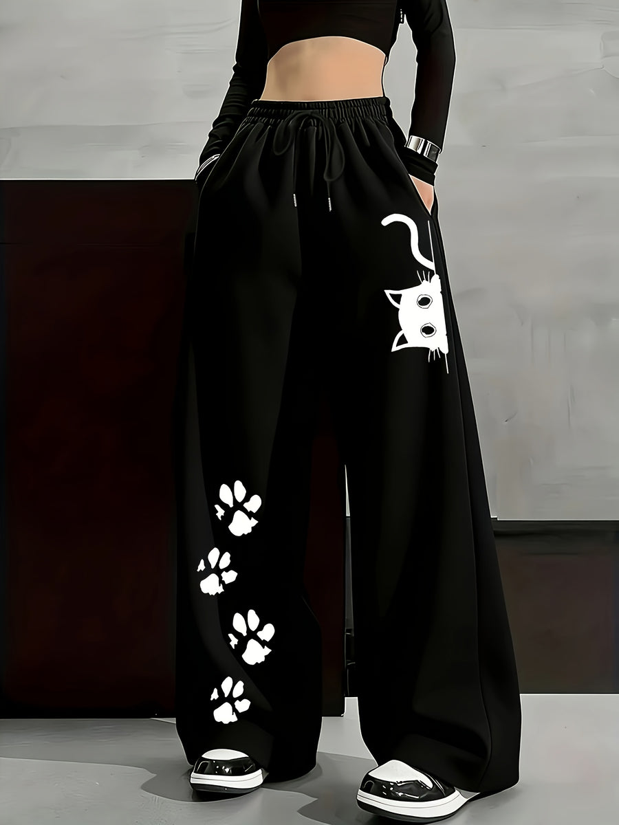 Women'S Fleece Trousers, Autumn and Winter Fashion Casual | Monochrome Tunic Trousers with Geometric Pattern, Casual Loose Sweatpants with Drawstring Detail - Jet Black