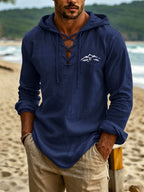 Men'S Linen Long Sleeve Hooded Top, Mountain Scenery Print on Chest for Statement Piece, Cross-Strap V-Neck Design with Curved Hem, Ideal for Beach Trips And Short Stays - Navy Color