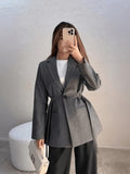 Women's Solid-color Belted Blazer with Single-breasted Design and Belt Detailing - Dark Gray