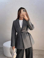 Women's Solid-color Belted Blazer with Single-breasted Design and Belt Detailing - Dark Gray