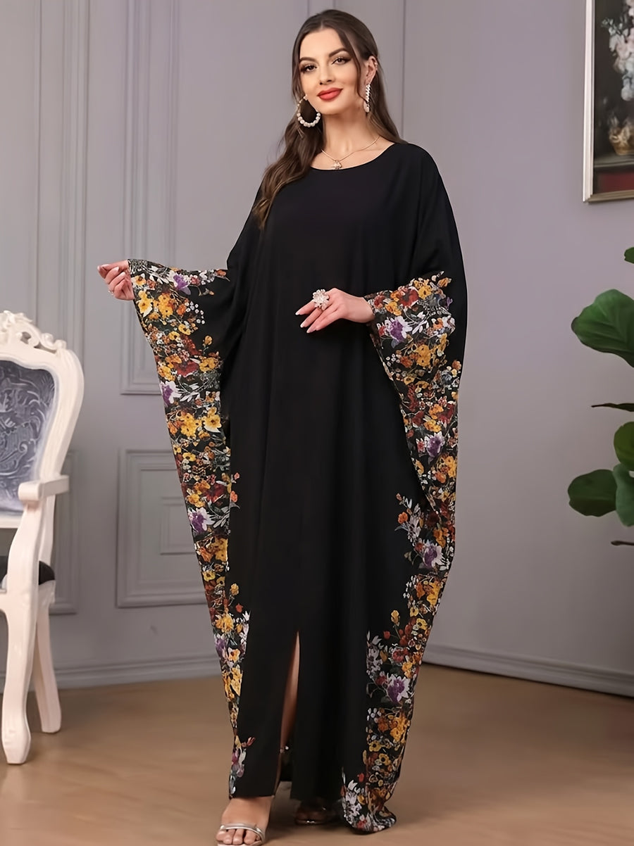 1pc Floral Print Crew Neck Abaya, Elegant Batwing Sleeve Split Maxi Dress, Women'S Clothing Maxi Abaya Dress Modest Prayer Dress for Muslim Women | Batwing Sleeves And Elegant Swing Hem for Everyday Outings And Travel Outfits - Black
