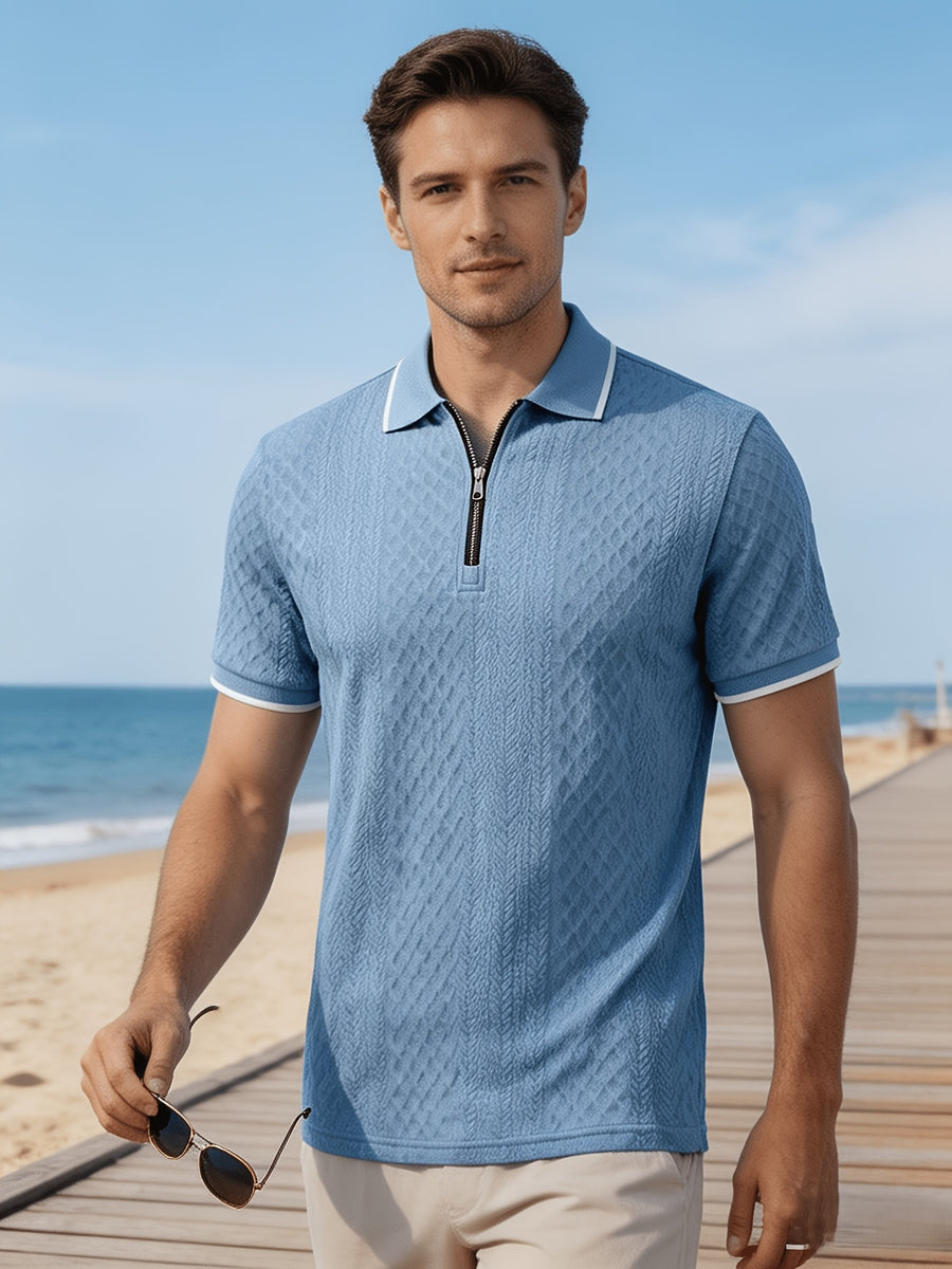 Men'S Quarter-Zip Knit Polo Shirt, Textured Diamond Jacquard Short Sleeve Top, Summer Golf Casual Office Street Wear - Sky Blue