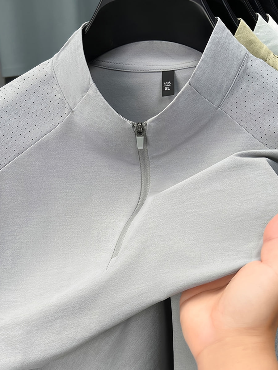 Men'S Summer Top T-Shirt, Half-Zipper Stand-Up Collar Design, Casual And Light Business Style, Adjustable Collar with Zipper, Balancing Ventilation And Styling; Mesh Shoulder Panel for Enhanced Breathability - Light Grey