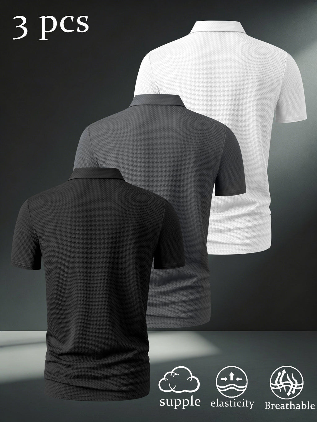 3pcs Men'S Casual Polo Shirt Set, Creative Print Patterns, Short Sleeve, Golf And Outdoor Sports Apparel, Breathable Comfortable Fabric, Regular Fit - Black+Dark Grey+White