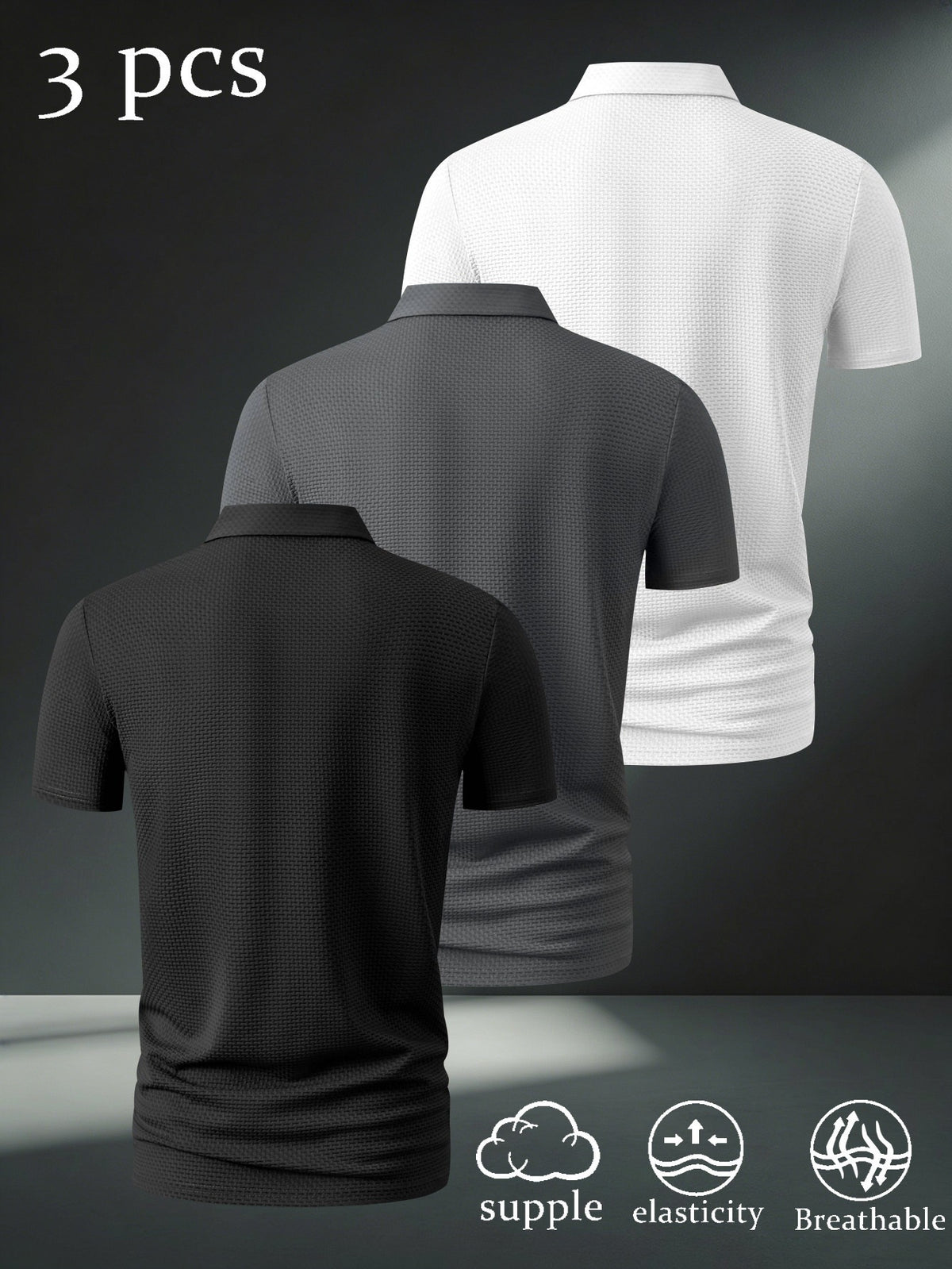 3pcs Men'S Casual Polo Shirt Set, Creative Print Patterns, Short Sleeve, Golf And Outdoor Sports Apparel, Breathable Comfortable Fabric, Regular Fit - Black+Dark Grey+White