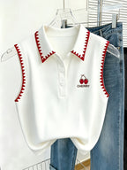 Women'S Sleeveless Polo Shirt, Cherry Embroidered Ribbed Top, Casual Button Collar Blouse - White