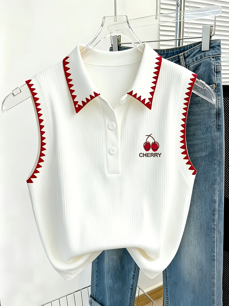 Women'S Sleeveless Polo Shirt, Cherry Embroidered Ribbed Top, Casual Button Collar Blouse - White