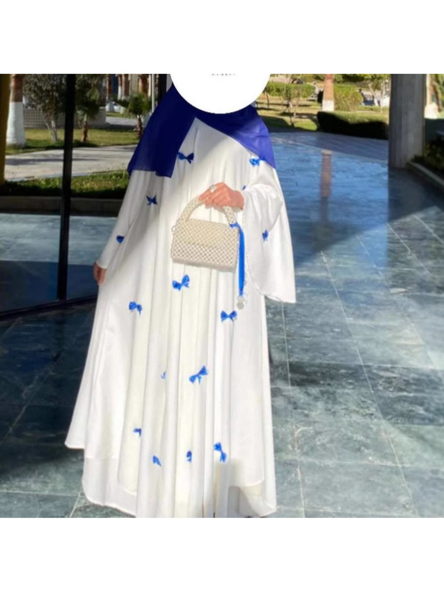 Middle Eastern Arab Women'S New Dubai Loose Trumpet Sleeve Bow Long Robe Dress - Blue