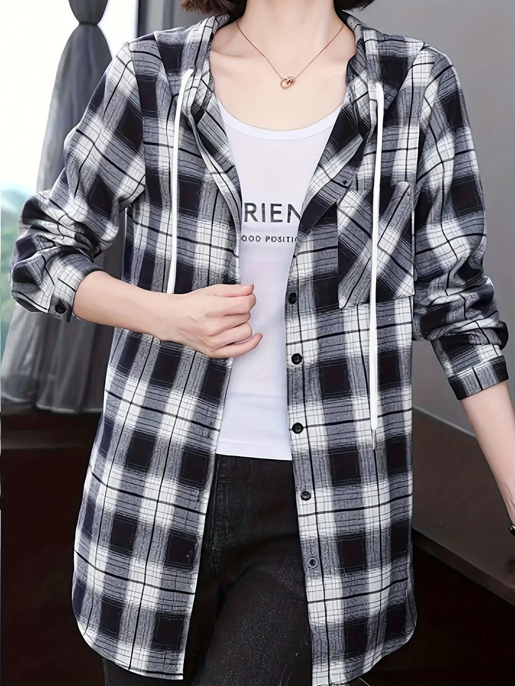 Women's Single-Breasted Plaid Pattern Drawstring Hooded Shirt, Long Sleeve Top - Black And White