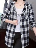 Women's Single-Breasted Plaid Pattern Drawstring Hooded Shirt, Long Sleeve Top - Black And White