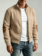 Spring/Autumn New Men's Stand Collar Rhombus Jacquard Baseball Jacket, Middle-Aged Business Casual Velvet Elbow Patch Design Knitted Cardigan, European and American Style Simple Versatile Solid Color Zipper Outerwear Top - Khaki