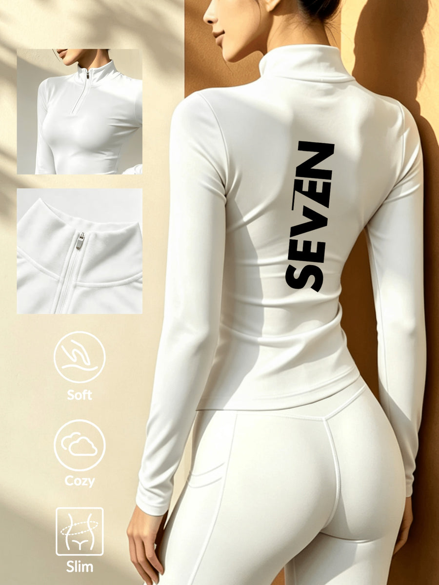 Stand-up Collar Half-zip Long-sleeve T-shirt, Autumn/winter Warm Half-high Neck Base Layer Top - White
