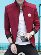 Men's Slim-Fit Stand Collar Jacket - Elegant Beige Polyester with Black Accents, Casual Business Style for Spring and Fall, Stylish Layering Piece | Zipper Closure Jacket | Tailored Fit - 10602 Badge - 888 Wine Red