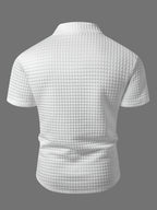 Men's White Mesh Texture Polo Shirt with Half-Zip Stand Collar, Slim Fit for a Stylish Look, Breathable Fabric, Summer Fashion Top for Business Casual Streetwear - White