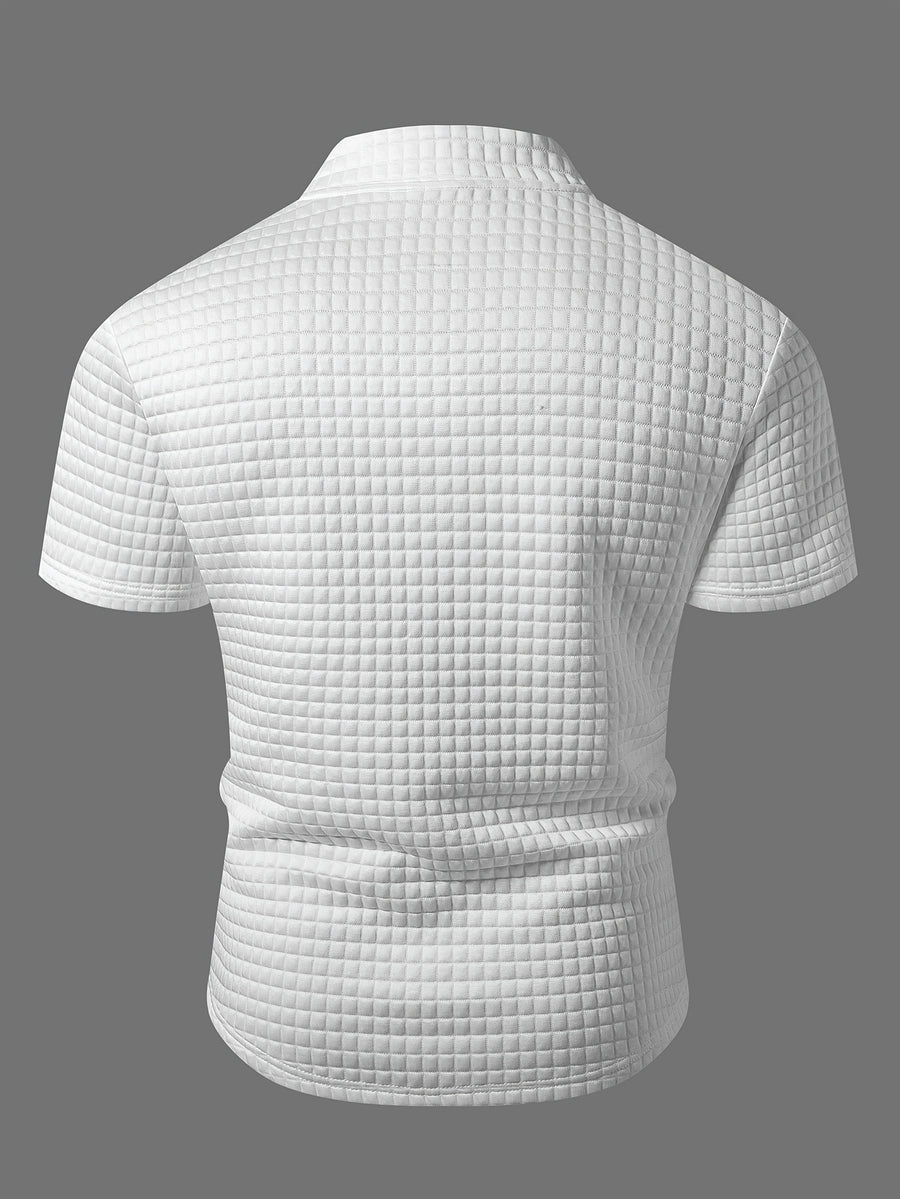 Men's White Mesh Texture Polo Shirt with Half-Zip Stand Collar, Slim Fit for a Stylish Look, Breathable Fabric, Summer Fashion Top for Business Casual Streetwear - White