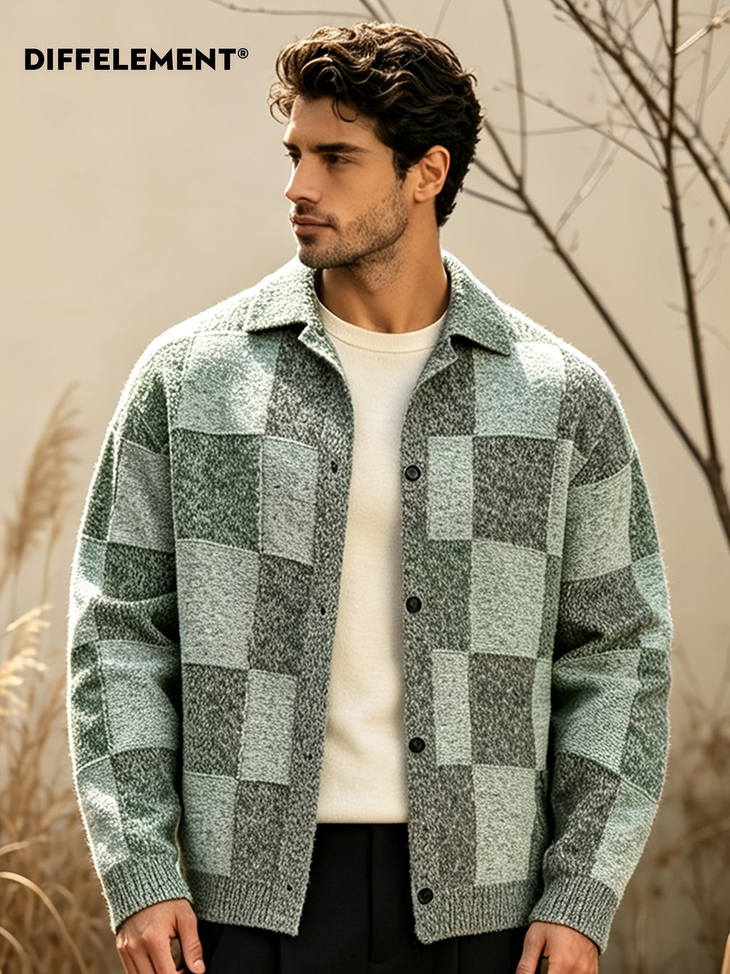 DIFFELEMENT Men'S Casual Cardigan Sweater All-Match Knit Fabric Checkered Lapel Single-Button Knit Cardigan Jacket Anti-Pilling Breathable Ribbed Cuffs Loose Fit Lightweight Windproof Wrinkle-Resistant Suitable for Daily Casual Wear And Outdoor Hiki - Gray Green