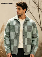 DIFFELEMENT Men'S Casual Cardigan Sweater All-Match Knit Fabric Checkered Lapel Single-Button Knit Cardigan Jacket Anti-Pilling Breathable Ribbed Cuffs Loose Fit Lightweight Windproof Wrinkle-Resistant Suitable for Daily Casual Wear And Outdoor Hiki - Gray Green