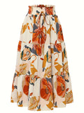 Women's Maxi Dress Skirt with Elastic Waist - A-Line Flowy Umbrella Hem, Mustard & Peach Floral Print (Beige/) - Machine Washable Long Dress for Wedding Guest, Party, - Boho-Chic Spring Summer Fall Outfit, Dresses For Women Elegant Classy, Dress For - Multicolor