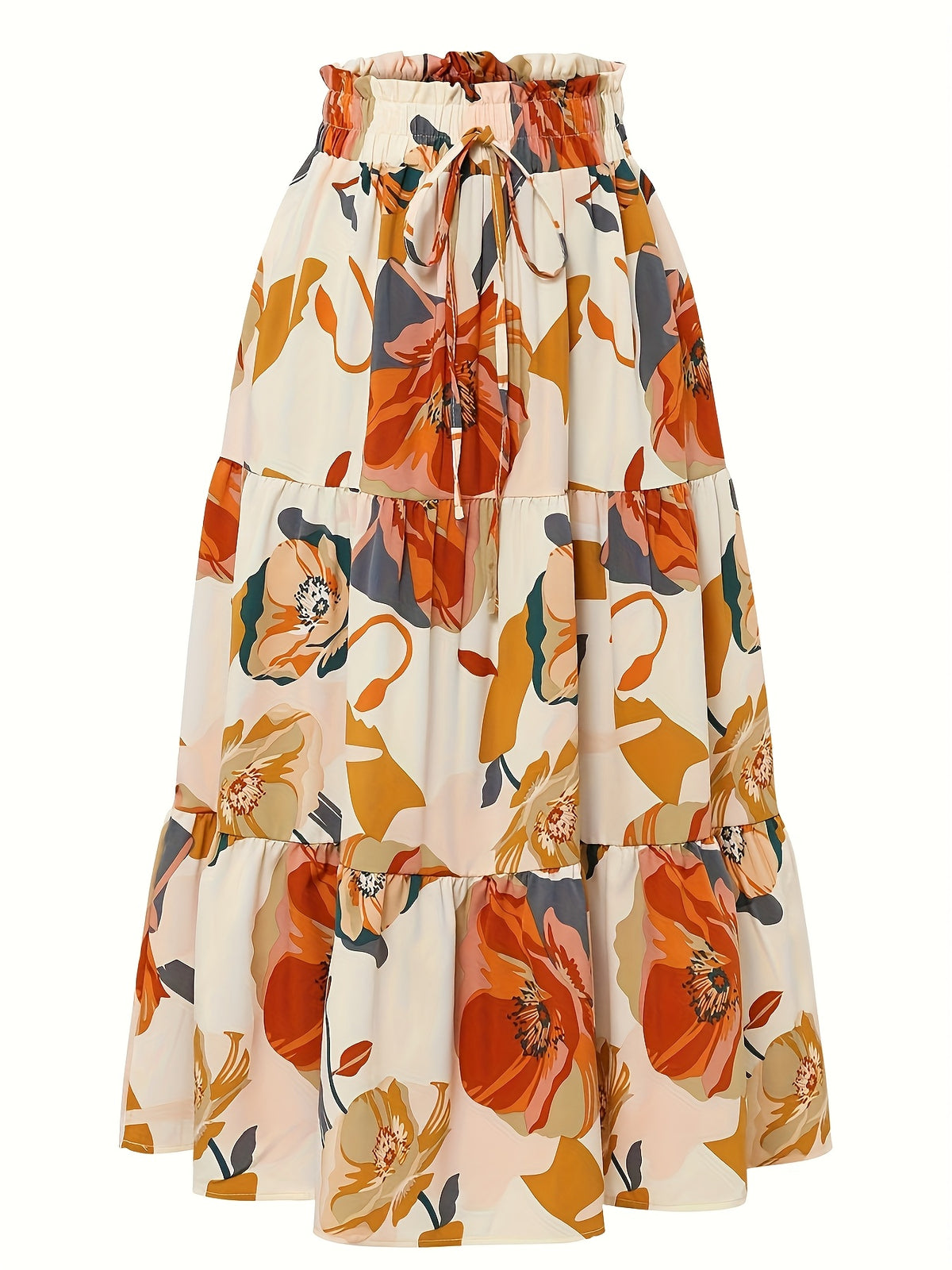 Women's Maxi Dress Skirt with Elastic Waist - A-Line Flowy Umbrella Hem, Mustard & Peach Floral Print (Beige/) - Machine Washable Long Dress for Wedding Guest, Party, - Boho-Chic Spring Summer Fall Outfit, Dresses For Women Elegant Classy, Dress For - Multicolor