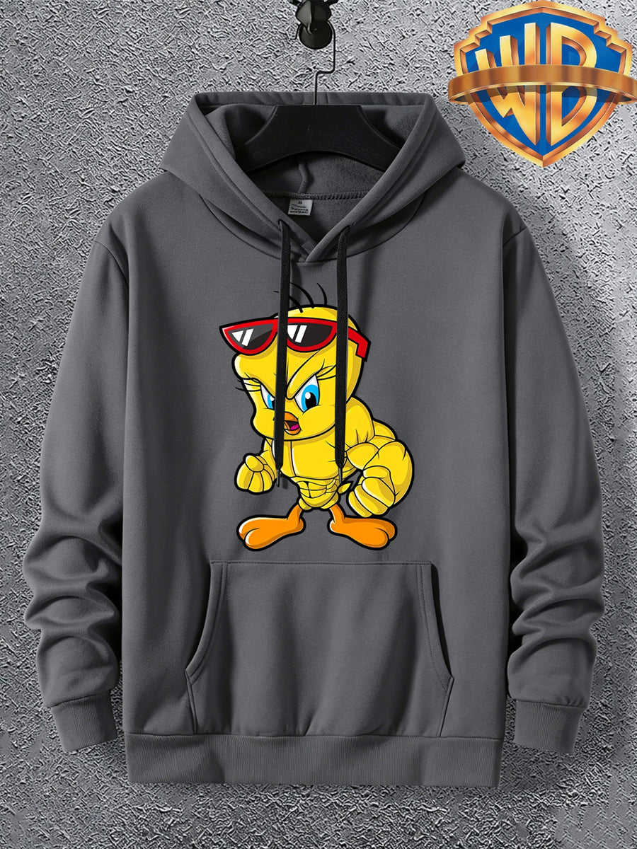 Warner Licensed Men'S Autumn Long Sleeve Hooded Sweatshirt, Durable Ribbed Cuffs, Breathable Polyester Fabric, Funny Muscle Bird Creative Cartoon Print, Suitable for Campus Youth Daily Wear, Class And Social Outings, Loose Drop Shoulder Cut - Deep Gray