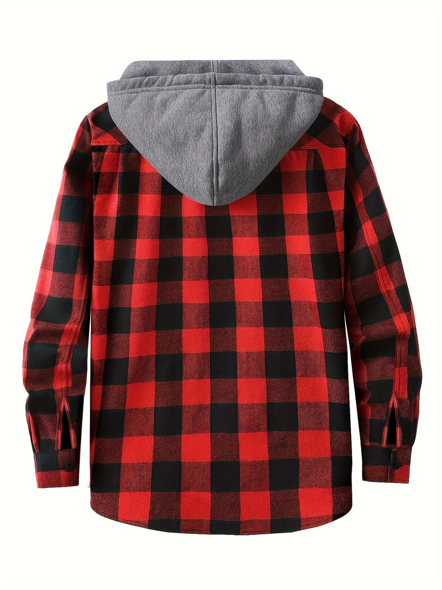 3pcs Men's New York Fashion Trendy Plaid Shirt Hooded Plaid Sweatshirt Flannel Hoodie - blue+red+white