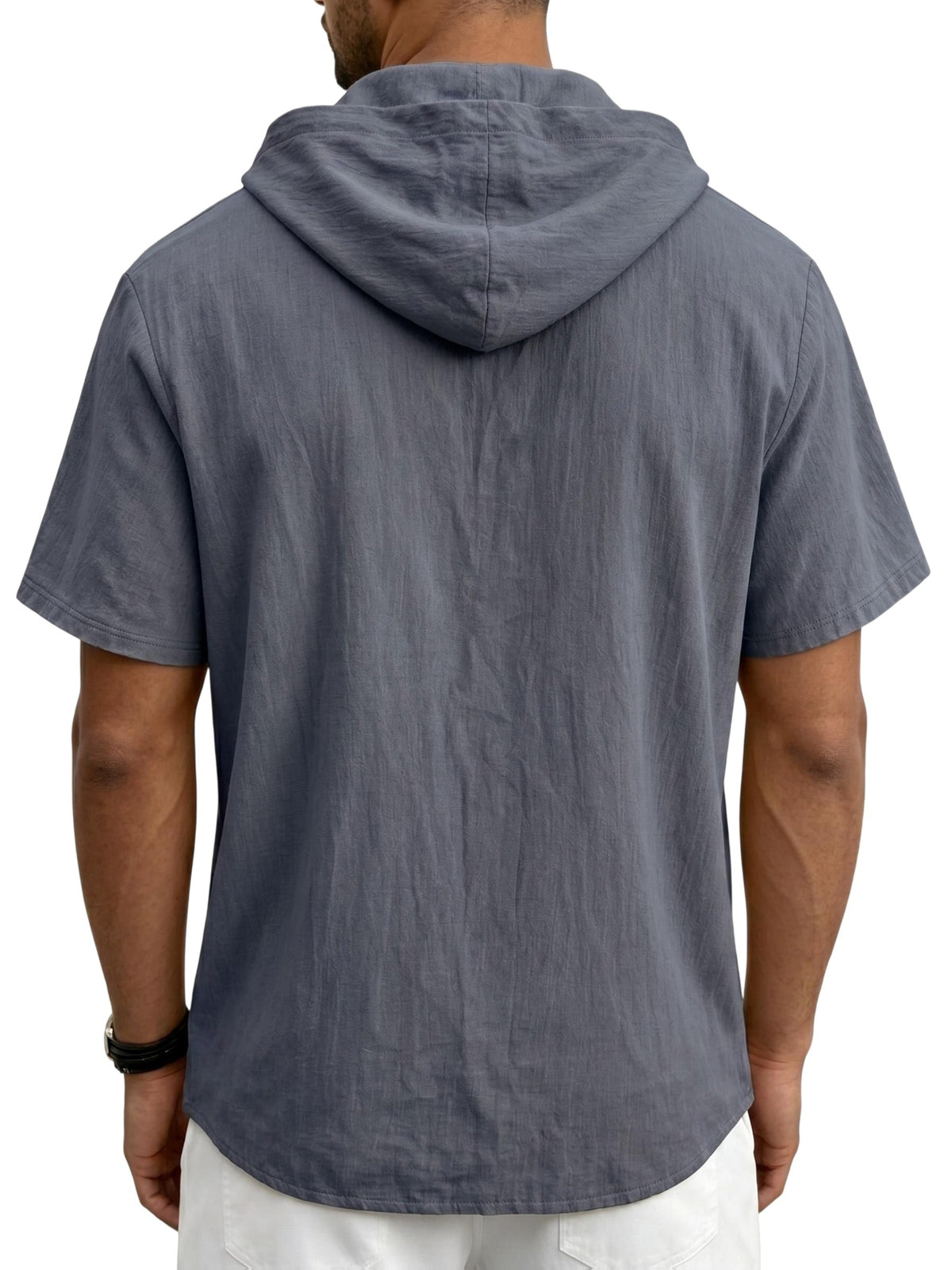 Men's Breathable Half-Zip Hooded Short-Sleeve T-Shirt - Loose-Fit Linen Summer Top with Zipper Collar, Solid Color Casual Beachwear Suitable for Vacation, Outdoor & Casual Attire, Machine Washable Linen Shirt - Dark Gray