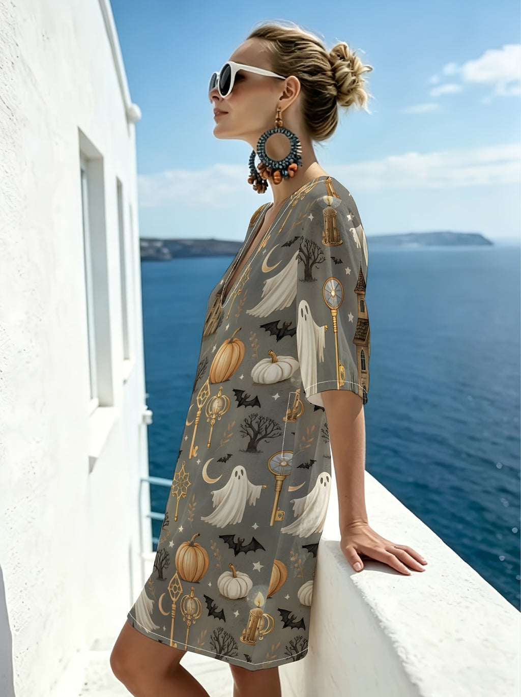 Retro Light Luxury V-Neck Short Sleeve Dress, Castle Ghost Pumpkin Dark Print, Relaxed Loose Cut, Good Drape Breathable Fabric, Atmospheric Holiday Wear, Vacation Travel, Themed Parties, Premium And Relaxed Top - Mixed colors