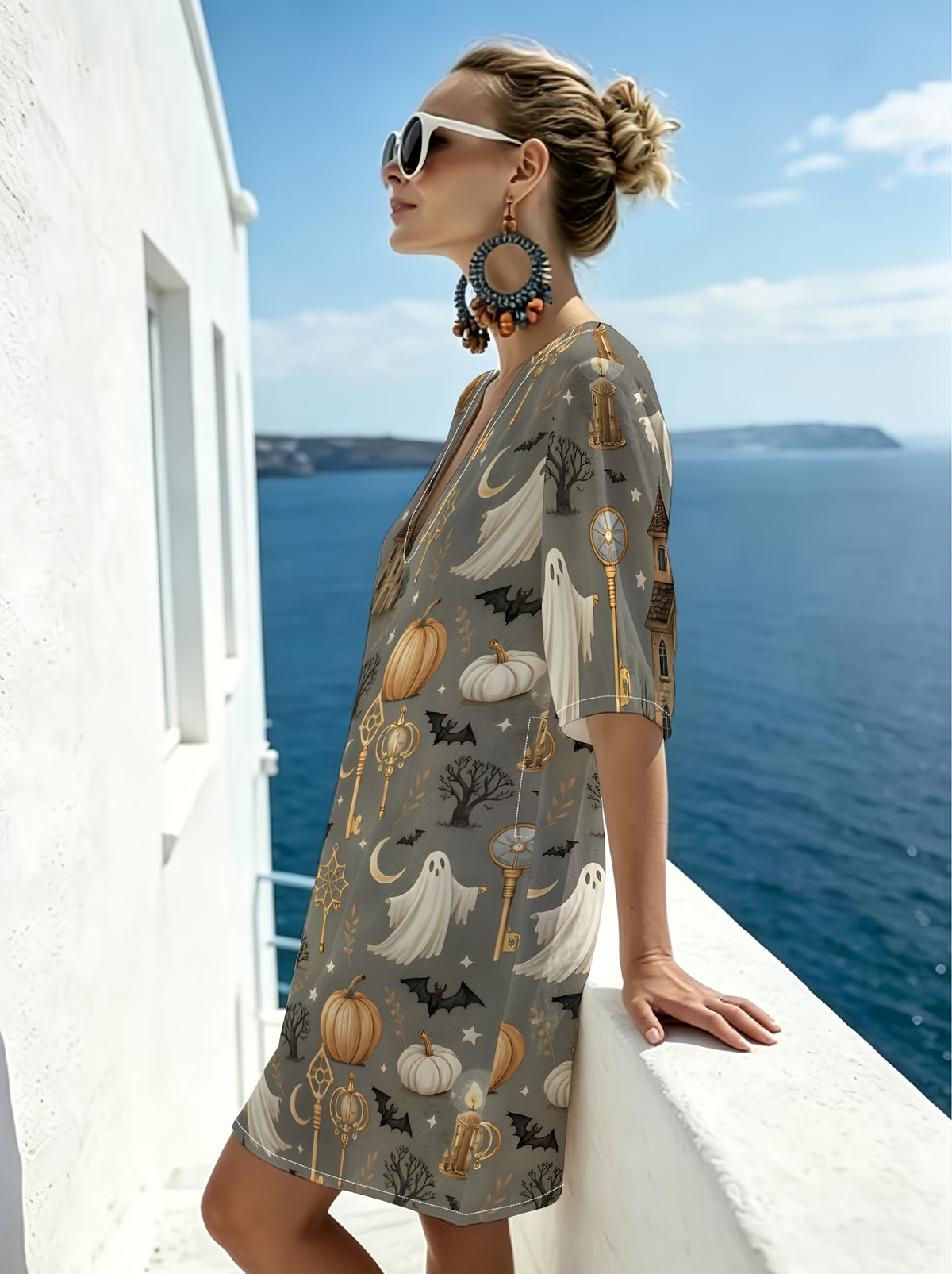 Retro Light Luxury V-Neck Short Sleeve Dress, Castle Ghost Pumpkin Dark Print, Relaxed Loose Cut, Good Drape Breathable Fabric, Atmospheric Holiday Wear, Vacation Travel, Themed Parties, Premium And Relaxed Top - Mixed colors