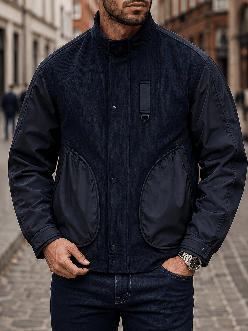 New Men'S Retro Cargo Jacket Patchwork Stand Collar Coat Commuter All-Match Casual Top Autumn Winter - Navy Color