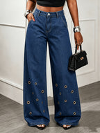 Women's High-waisted Wide-leg Jeans with Eyelet Embellishments; Featuring a Button-fly Closure and Side Pockets; Relaxed Fit with Tailored Detailing; Casual and Fashionable Style, Ideal for Streetwear, Casual Outings, Daily Wear, and Various - Blue