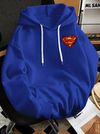 Men'S Fashion Sweatshirt, Retro Distressed Cracked Graffiti Superman Logo Print Design, Men'S Trendy Hoodie Loose Fit, Adjustable Drawstring, Fleece-Lined Sweatshirt Comfortable Fall Winter Wear, Outdoor Sports Casual Trendy Clothing - Blue