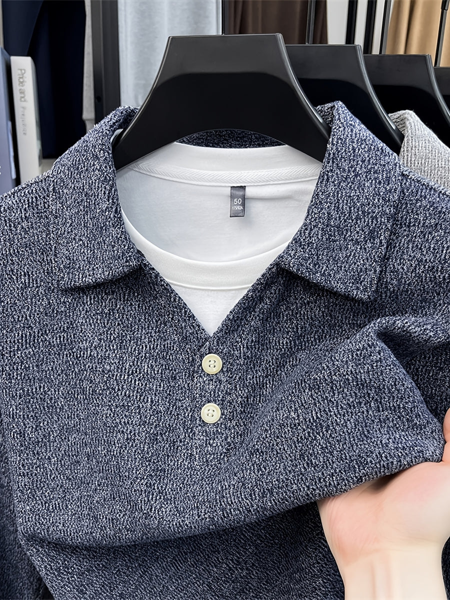 New Autumn/Winter Men's Pullover, Faux 2pcs Long Sleeve Lapel Knit Sweater, Geometric Pattern Men's Button-Up Sweater, Business Casual Fashion Versatile Solid Color Men's Top, Suitable for Daily Outings in Spring and Autumn, Men's Gift, First Choice - Navy Color