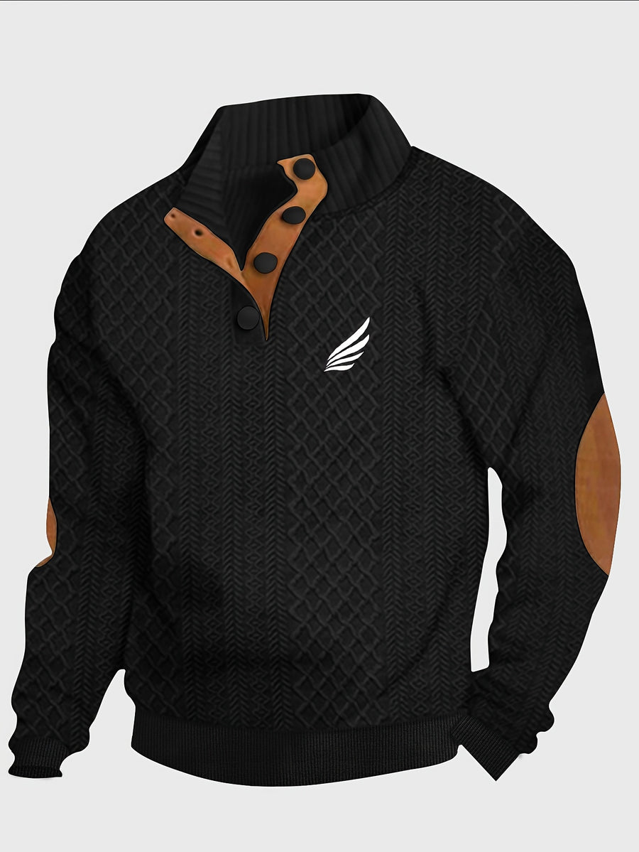 Men's New Jacquard Top with Textured Classic Stand Collar to Enhance Neckline, Half-Button Placket Continuing Vintage Henley Style, Patchwork Design Fashion Knit Shirt - Black