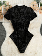 Young Y2K Sheer Floral Print Crew Neck Short Sleeve Rompe - Black