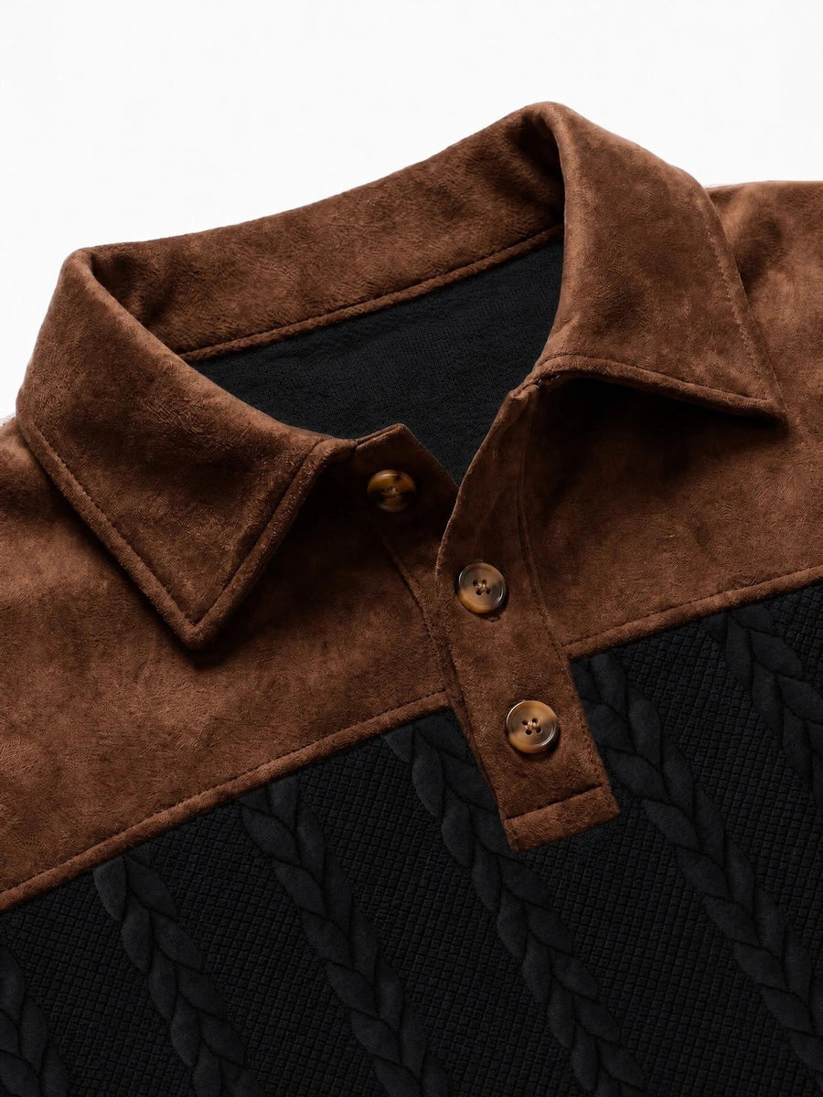 New Men's Autumn/Winter Brushed Ribbed Cable Knit Casual Color-Block Jacquard Long Sleeve Patchwork Plush Sport Henley High-Neck Top - Black