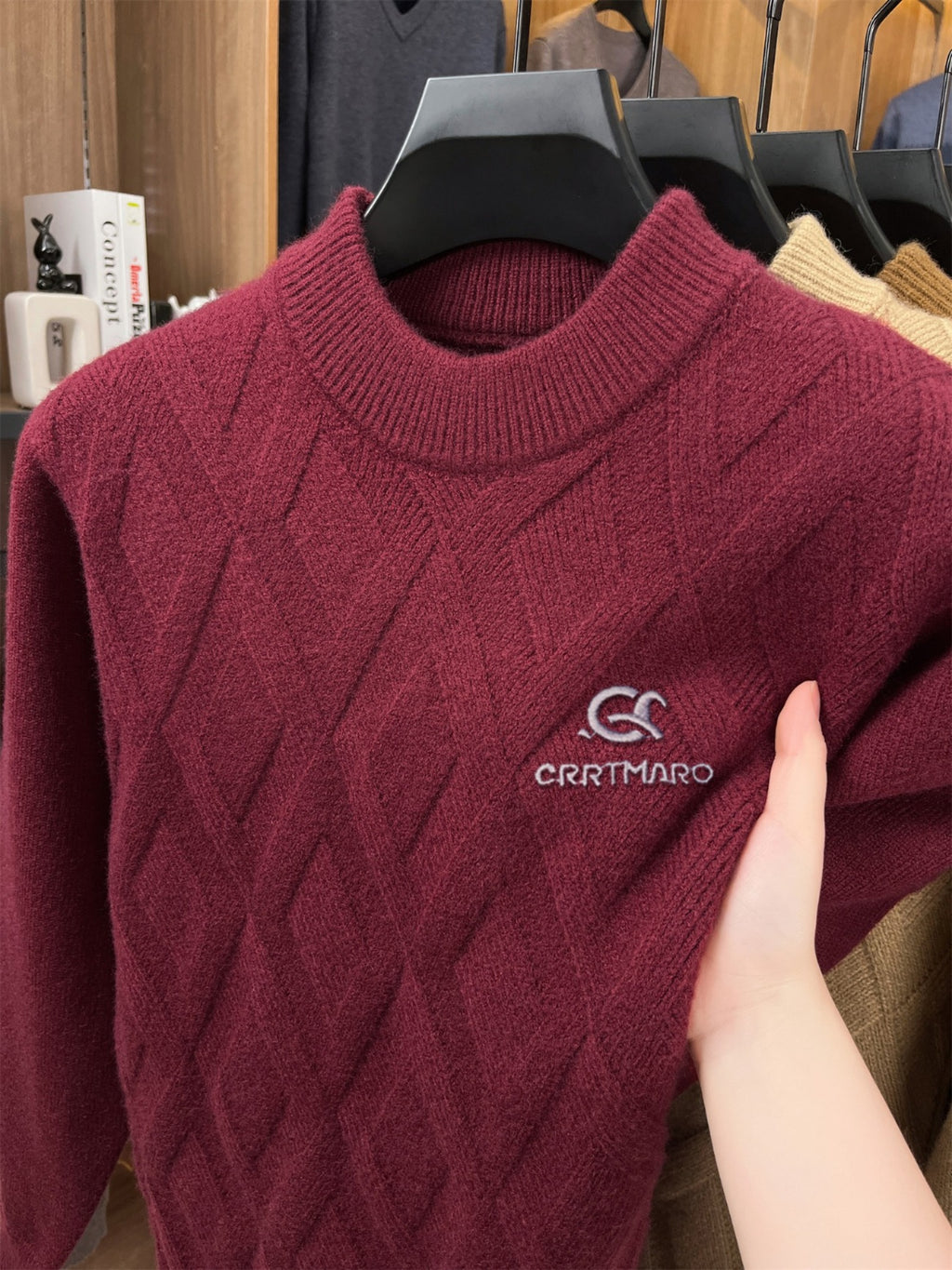ZBZP Autumn Winter Knit 3D Solid Mid-High Neck Sweater, Basic Knit Pullover Top for Men, Fashion Long Sleeve Sweater SYD - Burgundy