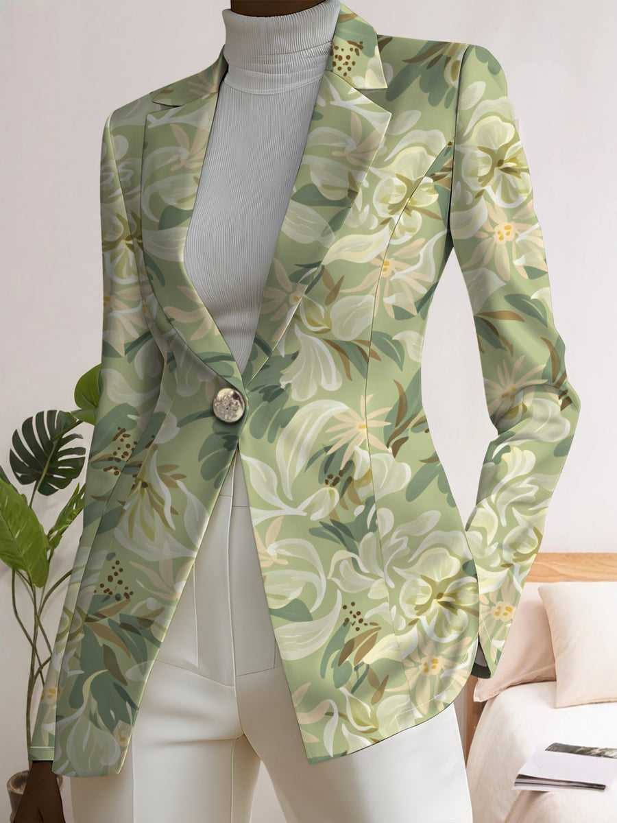 Seasonal Elegant Printed Outerwear, Classic Suit And Cardigan Combined Design. Premium Printed Details, Comfortable to Wear. Matches Well for Casual Elegant Daily And Elegant Party Dressing - White Flowers On Green Background