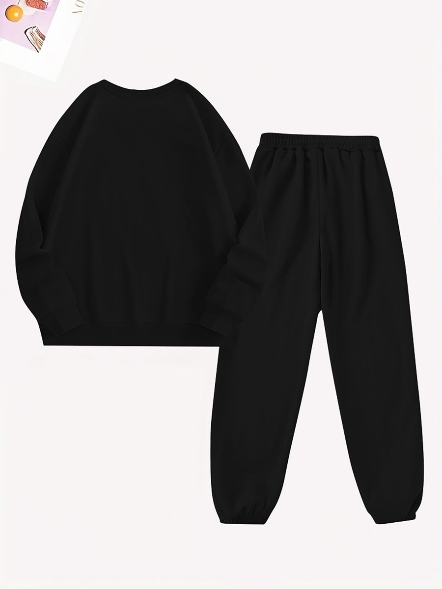 Women'S Casual Fleece-Lined Sweatshirt with a Round Neck And Matching Elastic Sports Pants Featuring a Leopard Print Design, Perfect for Autumn And Winter - Black