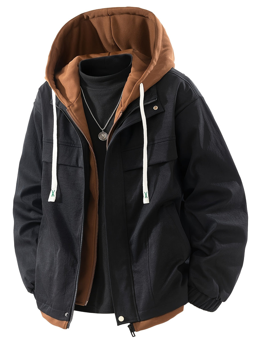 Men's Casual Hooded Jacket, Trendy and Versatile, Suitable for Outdoor and Daily Wear, Faux 2pcs Design, Spring and Autumn Style - Black