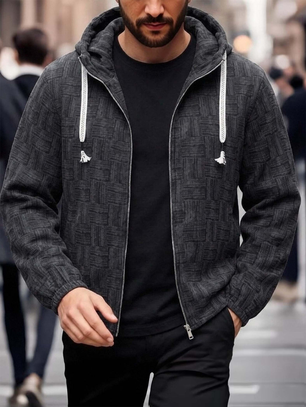 EXARUS Men'S Vintage Plaid Jacquard Hooded Zip-Up Jacket, American Casual Open Cardigan Hoodie, Individual Woven Texture Pattern, Tassel Decor Drawstring with Smooth Metal Zipper, Elastic Cuffs, Loose Casual Fit. Comfortable And Breathable Fabric - Black