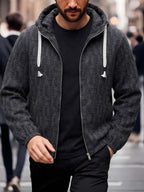 EXARUS Men'S Vintage Plaid Jacquard Hooded Zip-Up Jacket, American Casual Open Cardigan Hoodie, Individual Woven Texture Pattern, Tassel Decor Drawstring with Smooth Metal Zipper, Elastic Cuffs, Loose Casual Fit. Comfortable And Breathable Fabric - Black
