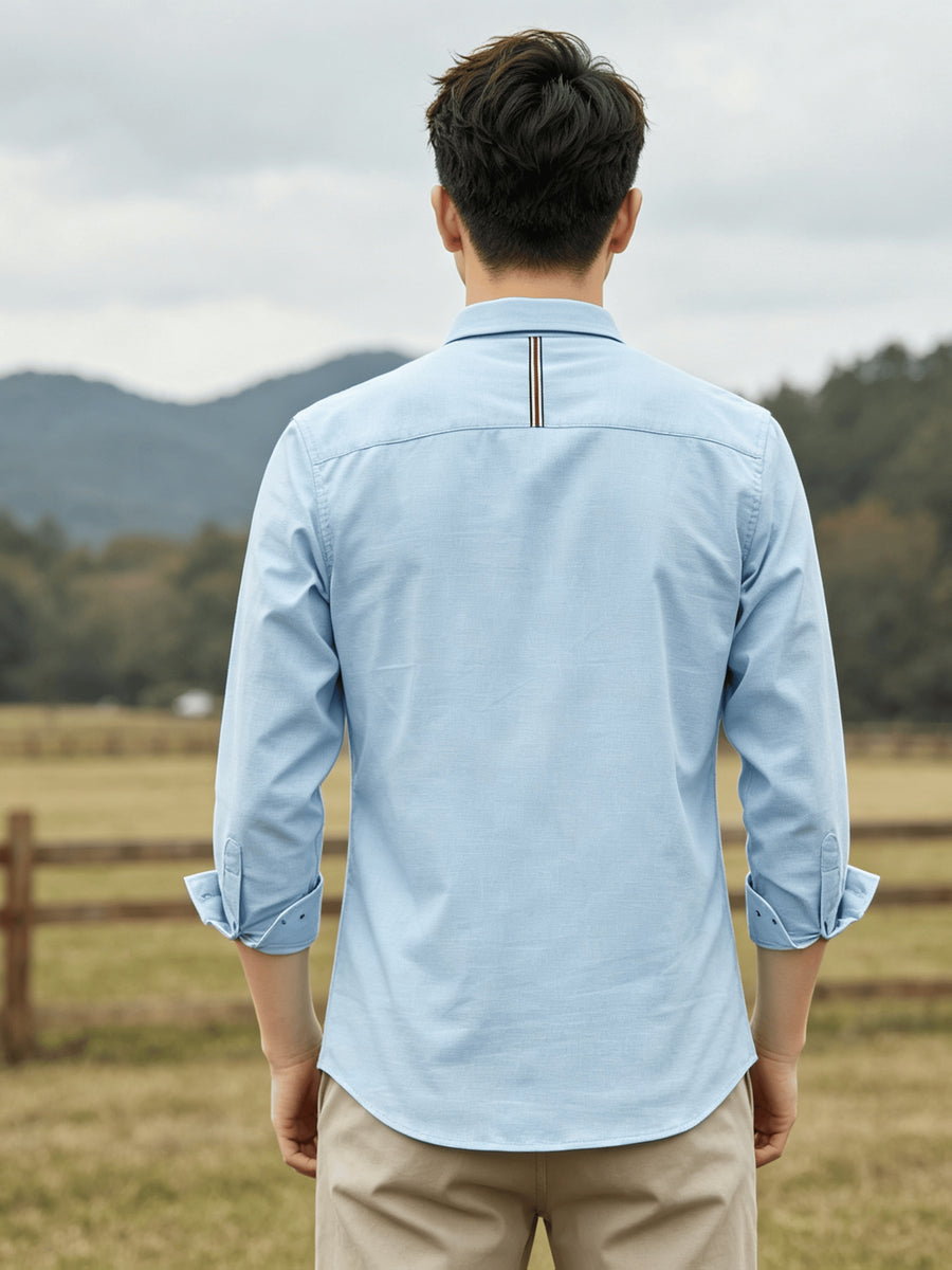 Men's Casual Long-Sleeve Shirt with Lapel and Faux Pocket Design, Slim Fit for a Slimming Look, Durable and Wrinkle-Resistant for Daily Outdoor Casual Wear, Business-Casual Solid Color Shirt - Light Blue