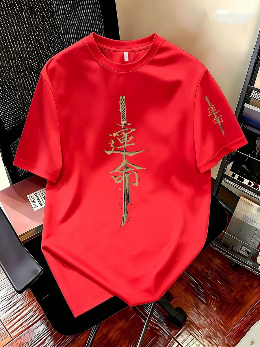 Men's Chinese Style T-Shirt with Jian Sword & Traditional Text Print - Crew Neck Short Sleeve Top, Suitable for Summer Streetwear, Casual Daily Wear, Chinese Cultural Apparel for - Red