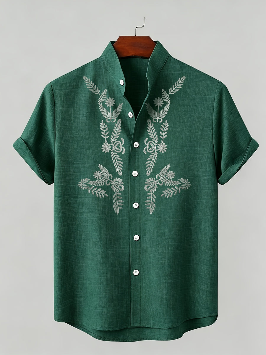 New Summer Men's Stand Collar Short-Sleeve Shirt, 100% Pure Cotton Bohemian Style Embroidered Pattern Casual Shirt, Comfortable and Breathable Fabric, Versatile Daily Top, an Excellent Choice for Home, Outings, Travel, and Beach Vacations - Dark Green