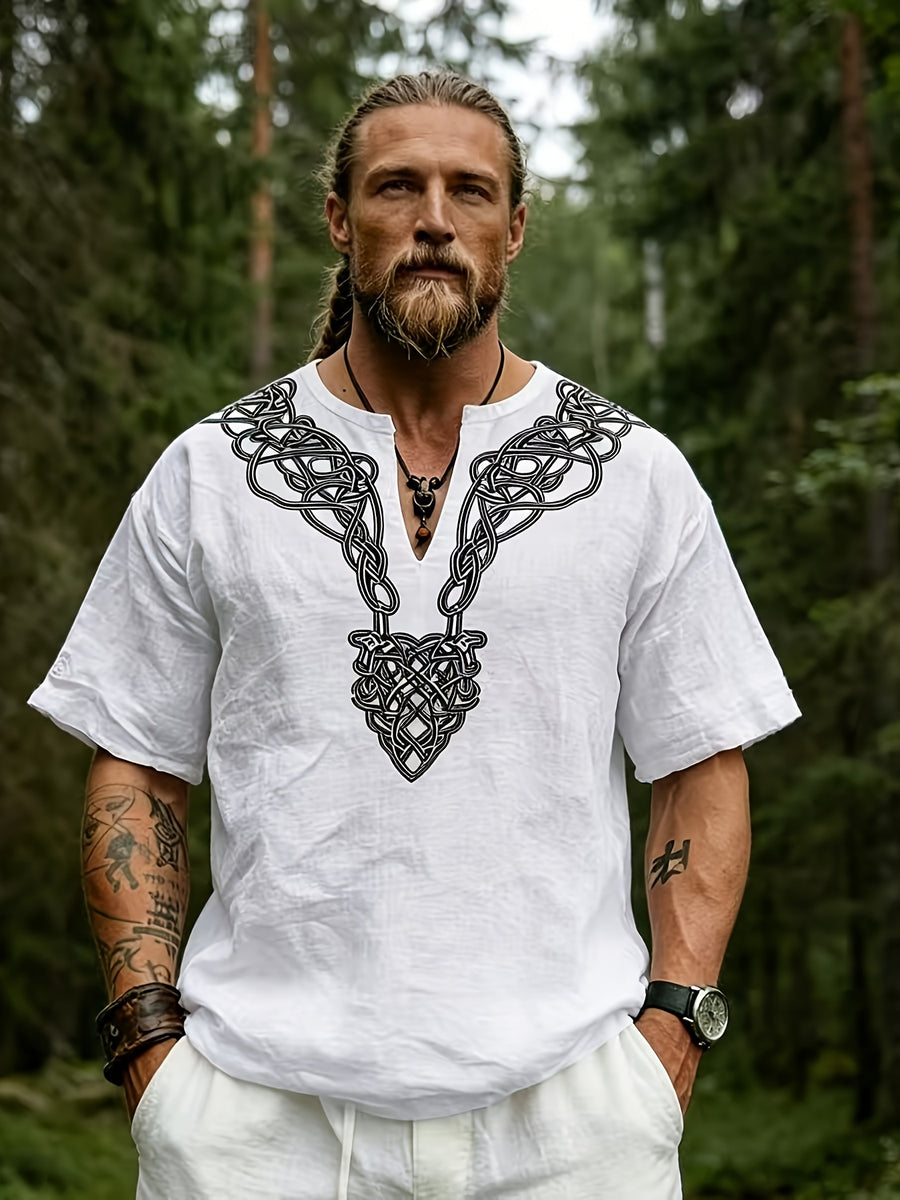 2026 Summer New Men'S Ethnic Style Short Sleeve Print V-Neck T-Shirt, Loose Casual Top - White